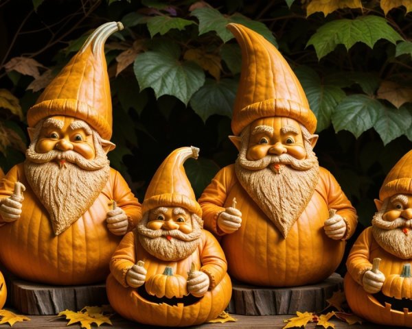 Whimsical Pumpkin Gnomes Among Autumn Leaves