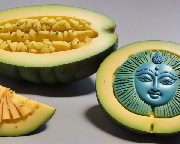 Artistic Melon Carving with Yellow Flesh and Blue Design