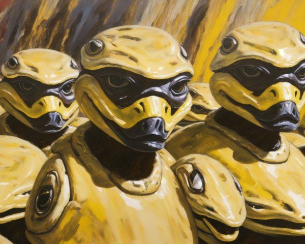 Yellow Humanoid Robots in Abstract Futuristic Landscape
