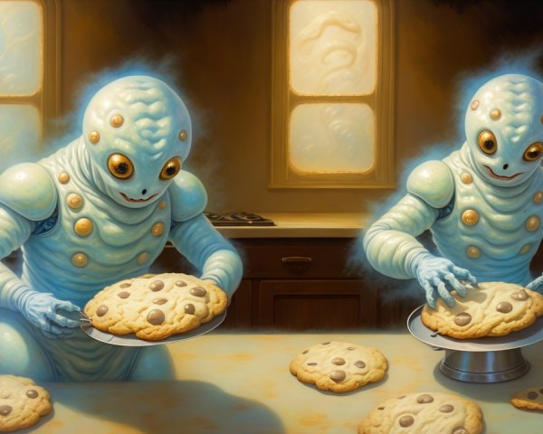 Alien Chefs Baking Cookies in a Whimsical Kitchen