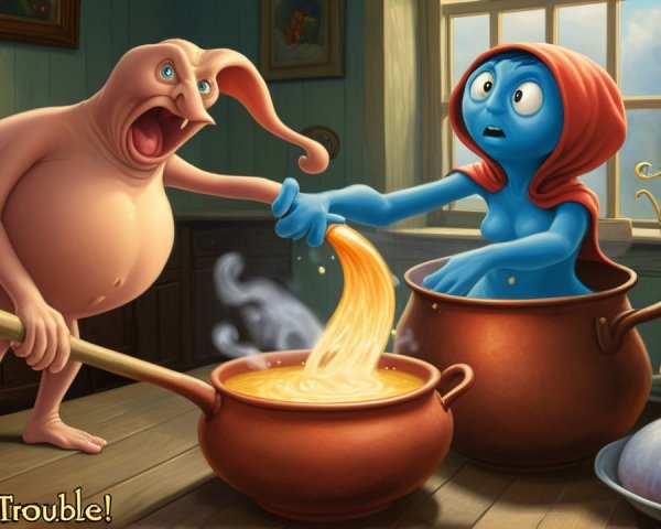 Whimsical Kitchen Scene with Colorful Characters