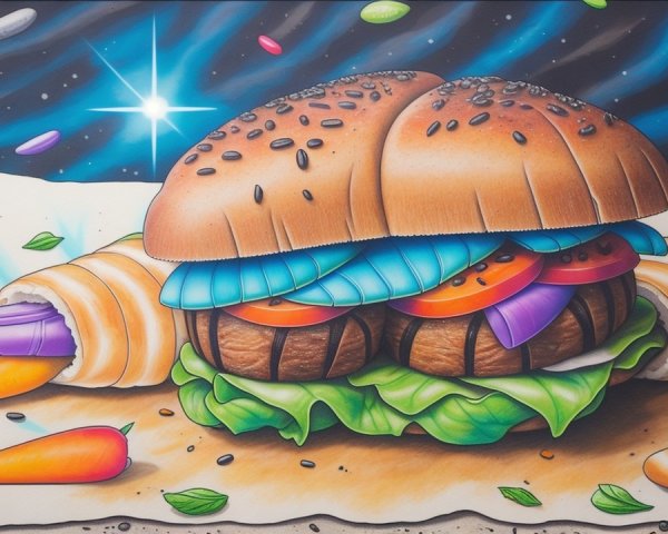 Whimsical Burger with Colorful Background and Vegetables