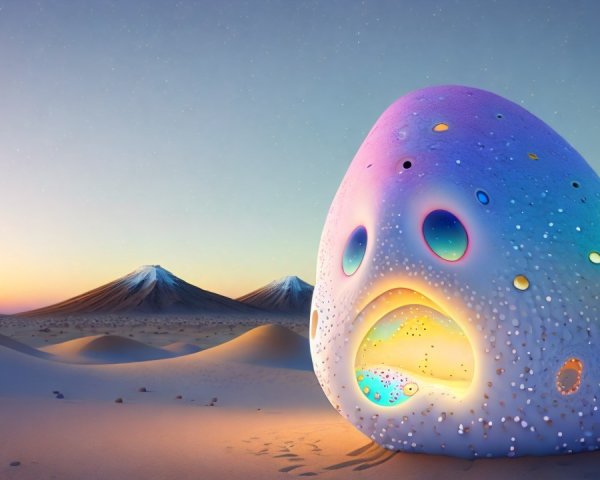 Surreal Colorful Egg Structure in Desert Landscape