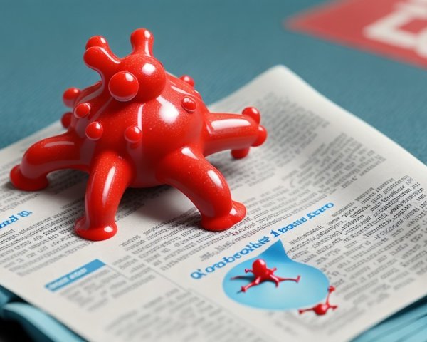 Red Abstract Sculpture on Newspaper with Blue Fabric