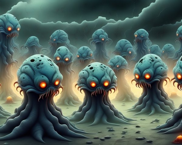 Surreal Scene of Bluish Creatures in Misty Landscape