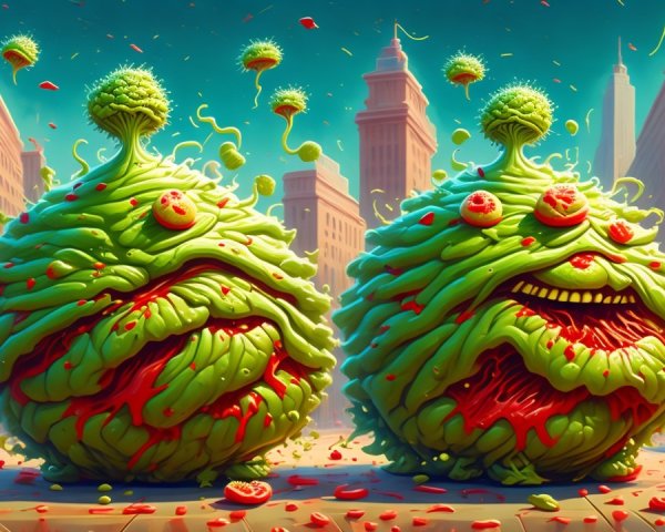 Whimsical Green Creatures in a Cityscape Setting