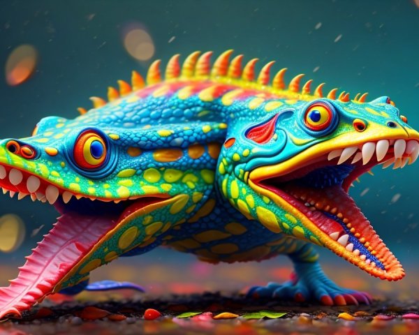 Vibrant Two-Headed Creature with Colorful Scales