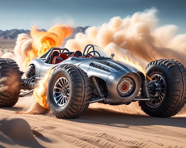 Futuristic metallic dune buggy in desert landscape