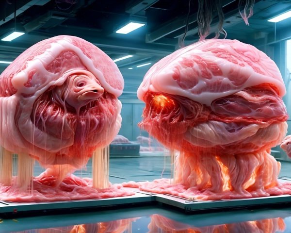 Surreal Gelatinous Fish Creatures in Futuristic Lab
