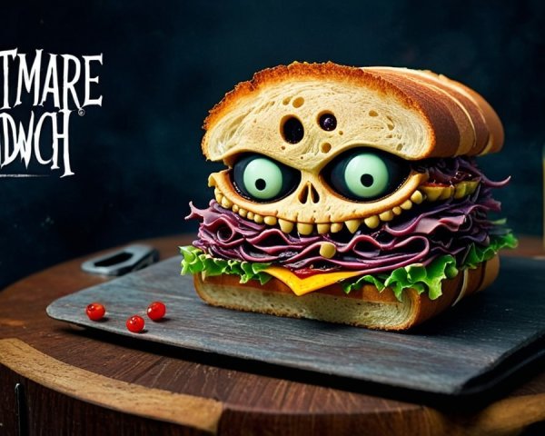 Whimsical Spooky Sandwich with Skull Face and Juice