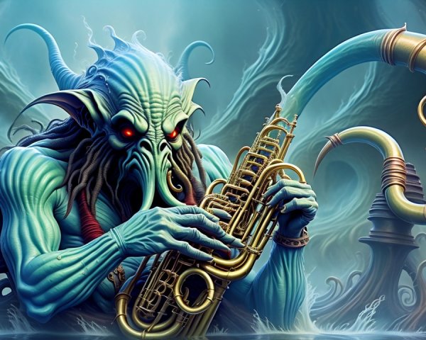 Cephalopod Creature Playing Saxophone Underwater