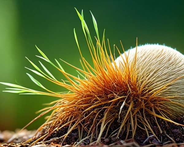 Spherical Fuzzy Object on Soil Surrounded by Grass