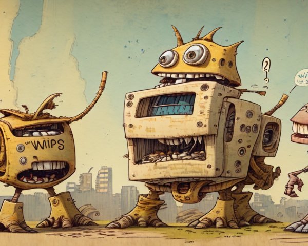 Cartoon Robots in a Post-Apocalyptic Landscape