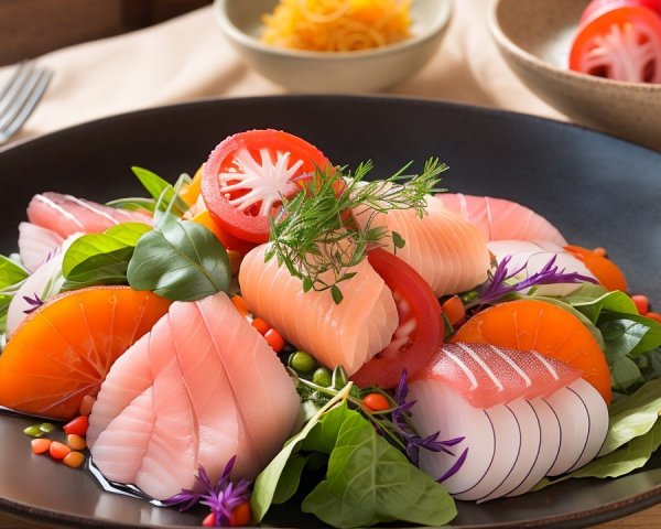 Sashimi Plate with Fresh Fish and Colorful Garnishes