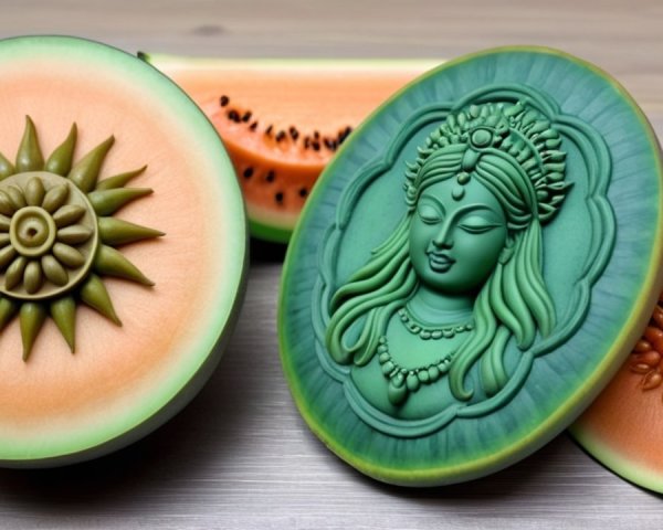Intricately Carved Melons with Goddess and Sun Designs