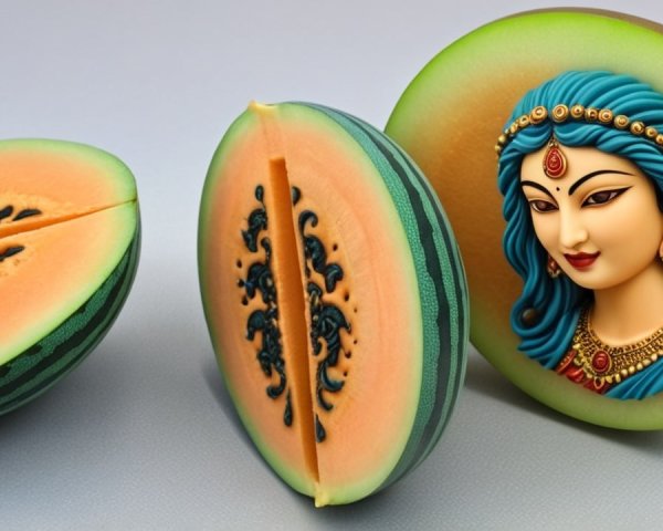 Artistic Watermelon with Orange Interior and Goddess Figure