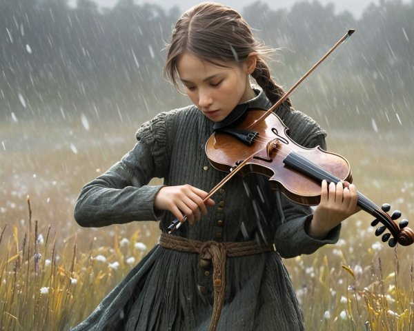 Young Girl Playing Violin in Rainy Meadow Scene