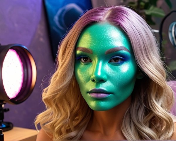 Woman with Green Skin and Colorful Makeup in Mirror