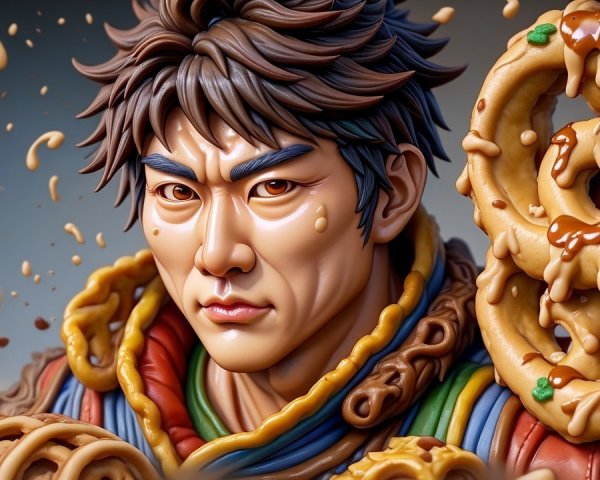 Detailed figure of young man with vibrant clothing and food