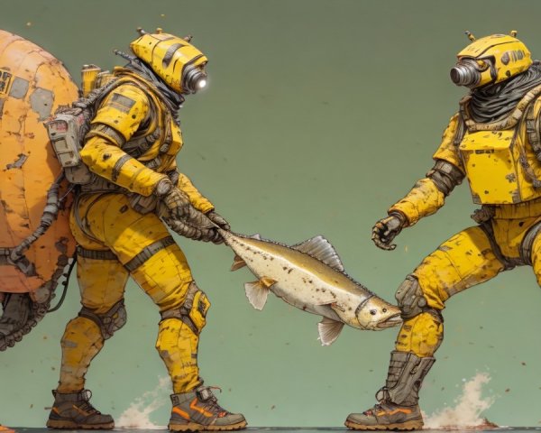 Futuristic divers in colorful suits with a fish backdrop