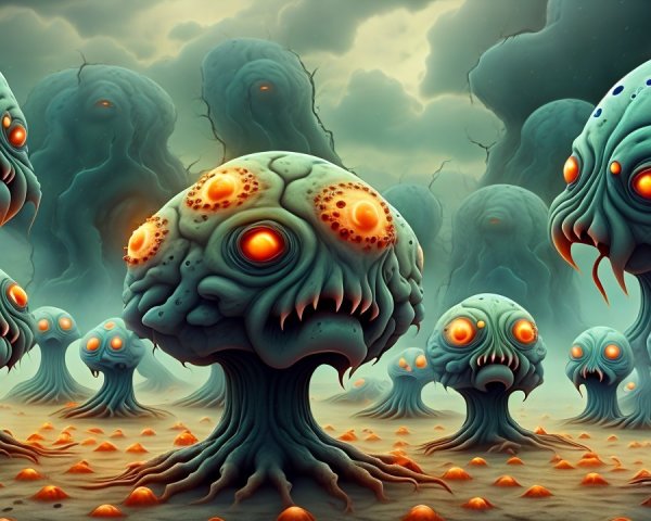 Surreal Landscape with Grotesque Trees and Orbs