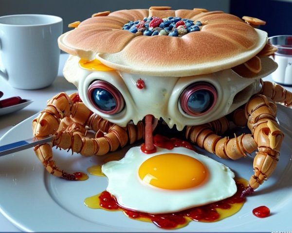 Cartoon Crab with Pancake Shell in Breakfast Scene