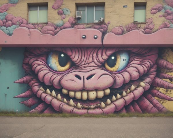 Vibrant Mural of Mischievous Purple Creature