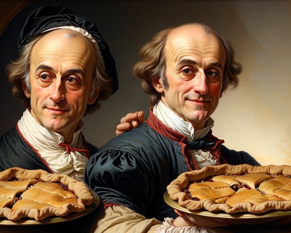 18th-Century Men with Pies in Cozy Kitchen Setting