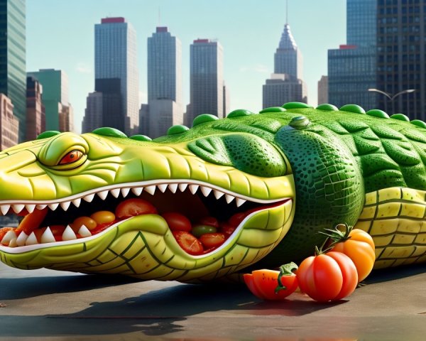 Cartoon Crocodile with Tomatoes in Urban Setting