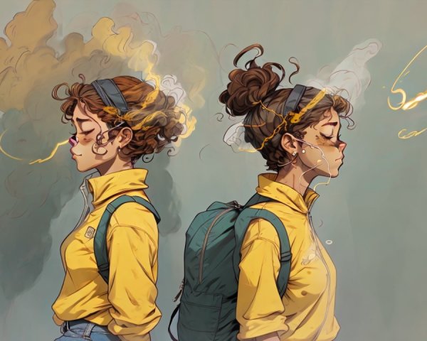 Illustration of a girl with curly hair and dual expressions