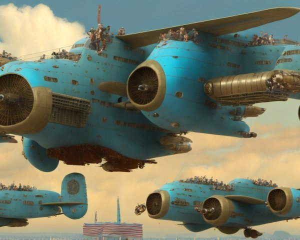 Vintage Aircraft Fleet in Blue Against Cloudy Sky