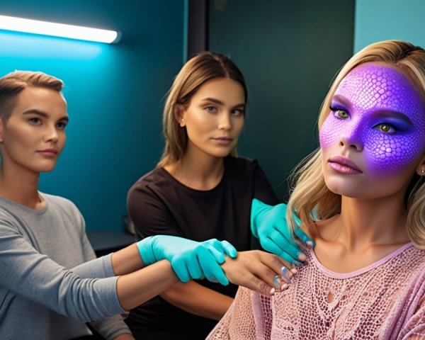 Woman with Purple-Scaled Face in Vibrant Clinic Setting