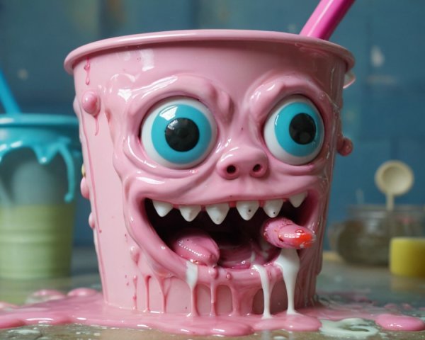 Cartoonish Pink Cup with Blue Eyes and Grinning Face