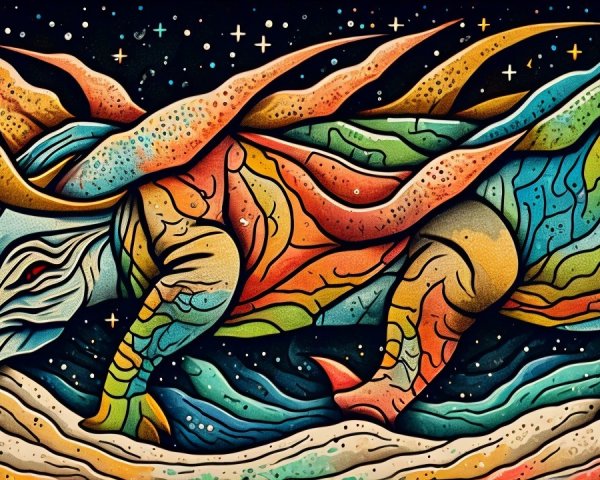 Vibrant Mythical Creature in Cosmic Landscape