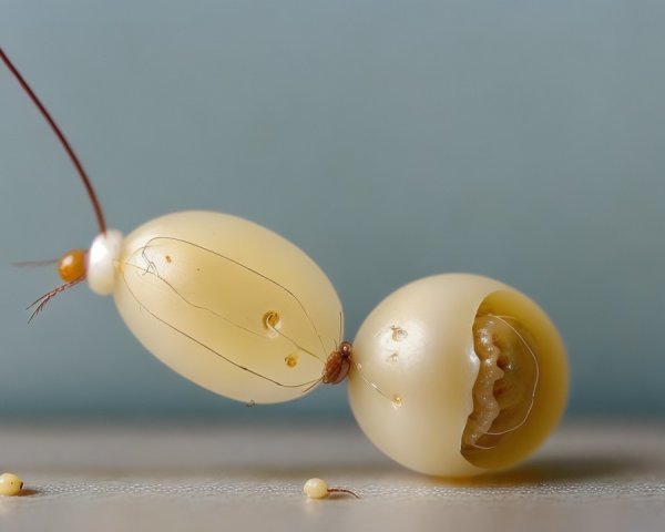 Translucent Oval Objects with Cracked Egg and Threads