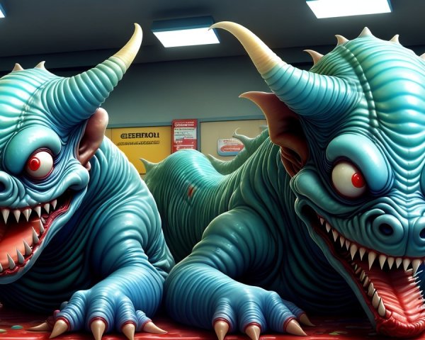 Vibrant Blue-Skinned Creatures in Bright Room Setting