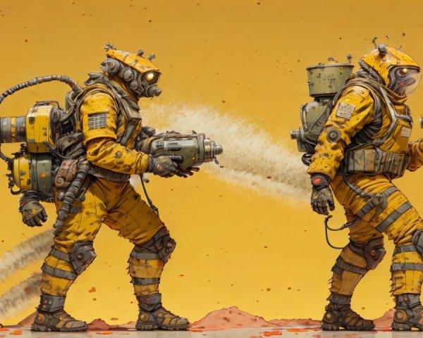 Vibrant Yellow High-Tech Suits Against Orange Backdrop