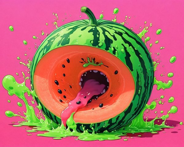 Surreal Watermelon with Cartoonish Mouth and Slime