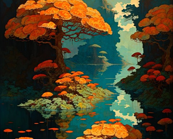 Vibrant Otherworldly Landscape with Reflective Water