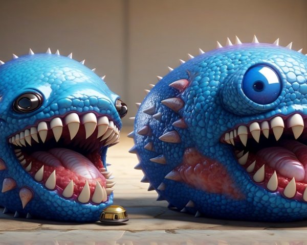 Cartoonish creatures with blue scales and sharp teeth