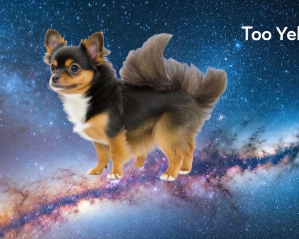 Fluffy Dog in Cosmic Background with Playful Text