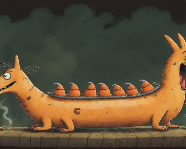 Playful Cartoon Dog Resembles a Hot Dog in Fun Scene