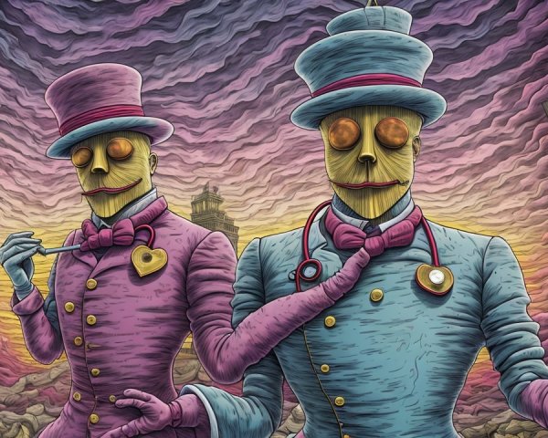 Whimsical Scarecrow Figures in Surreal Sky Setting