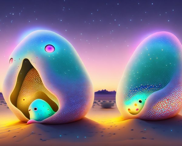 Surreal Desert Scene with Colorful Blob Creatures