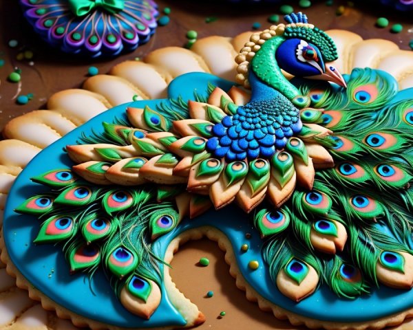 Vibrant Peacock-Shaped Cookie with Colorful Details