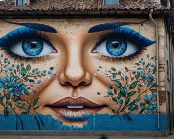 Vibrant Mural of Woman's Face with Floral Elements
