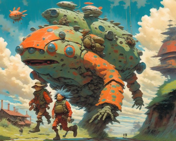 Boys fleeing a giant mechanical tortoise on a sunny day