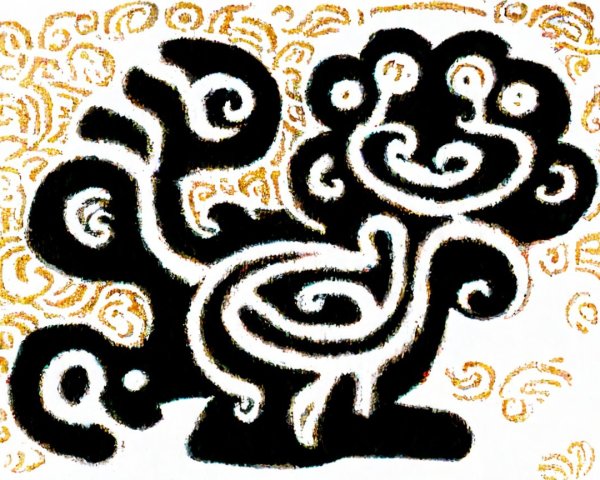 Abstract Black and White Creature Illustration with Gold Swirls