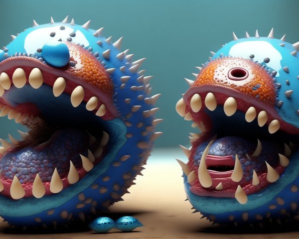 Cartoonish spiky creatures with sharp teeth and eggs