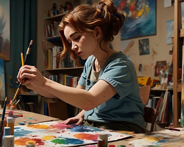 Young Artist Painting in a Colorful Studio Setting